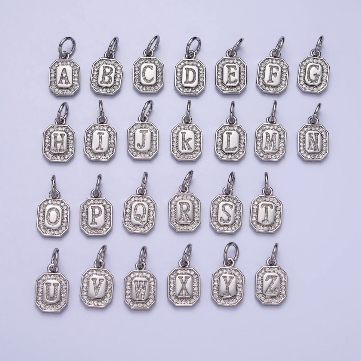 Silver Initial Letter A-Z Clear Micro Paved CZ Hexagonal Mini Charm | AD-457 - AD-482 - DLUXCA