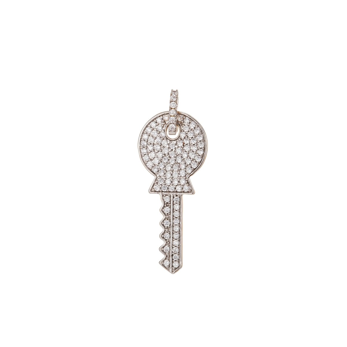 Silver Key Charm, Micro Pave CZ Charm, Rhodium Plated Pendant Dainty Diamond Key Necklace Charm for Jewelry Making I-197 - DLUXCA