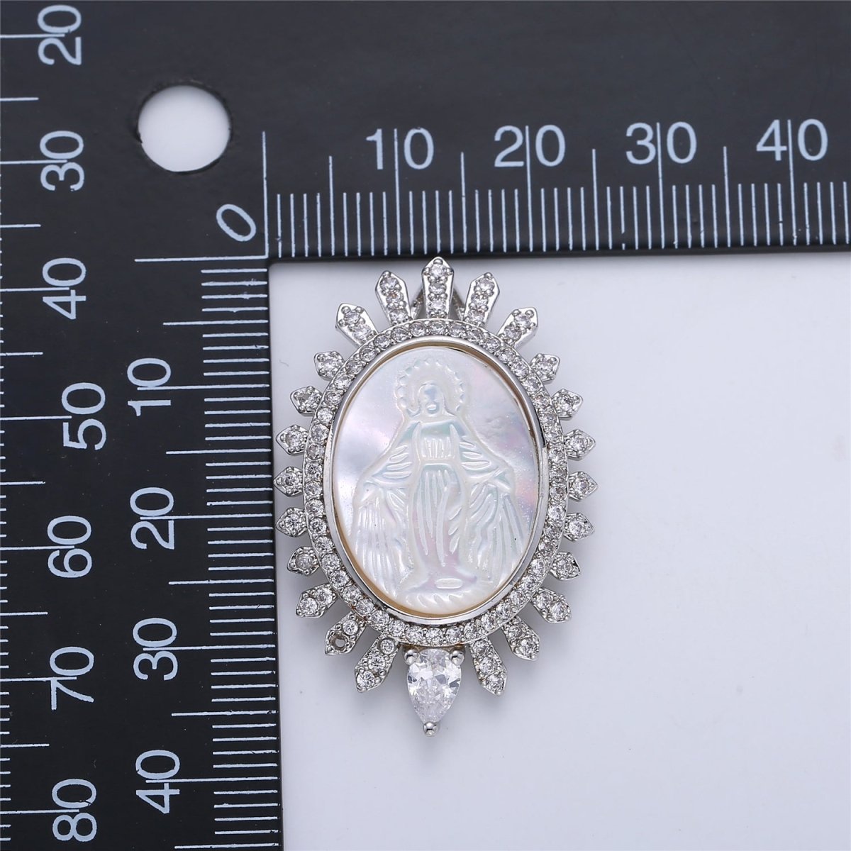 Silver Medallion Pendant Mother Of Pearl Miraculous Lady Charm Medallion Necklace Pendant with Cubic Zirconia C-705 H-773 - DLUXCA