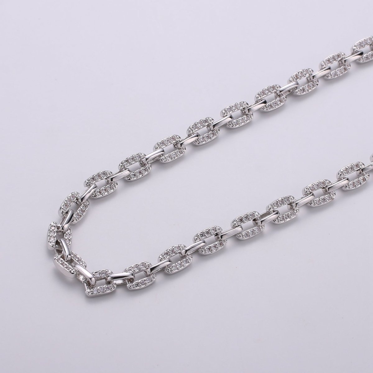 Silver Micro Pave Chain CZ Rolo Chain Specialty Link Cable Chain by Meter Bold Clear Cubic Chain Chunky Chain Size 6x6mm | ROLL-290 O-065 Clearance Pricing - DLUXCA