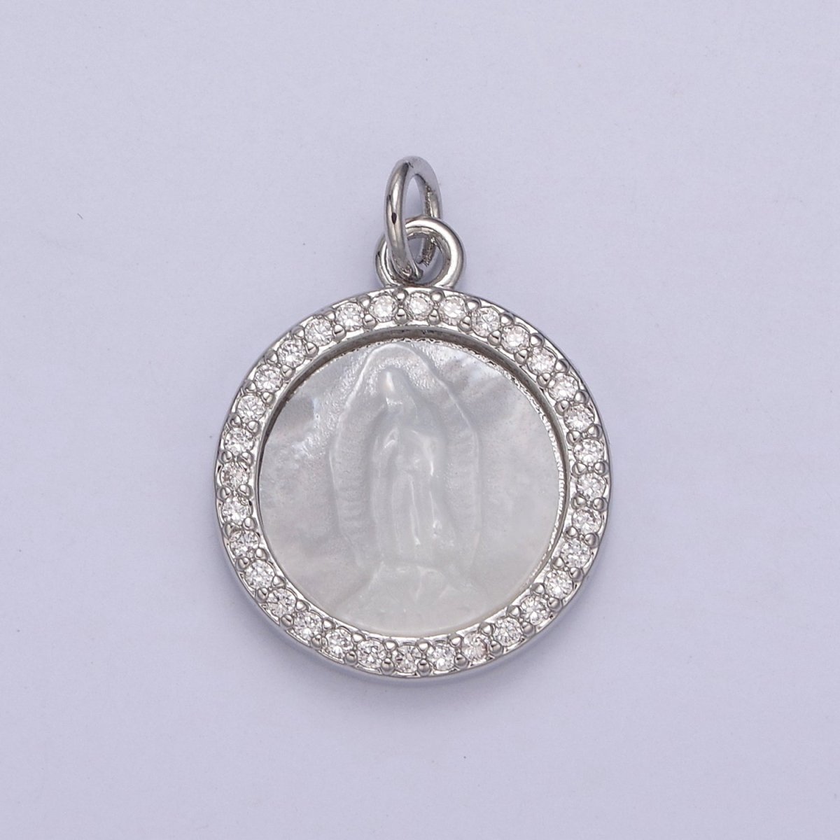 Silver Mother of Pearl Virgin Mary, CZ Micro Pave Charm Pendant, Shell Virgin Mary Round Charm N-859 - DLUXCA