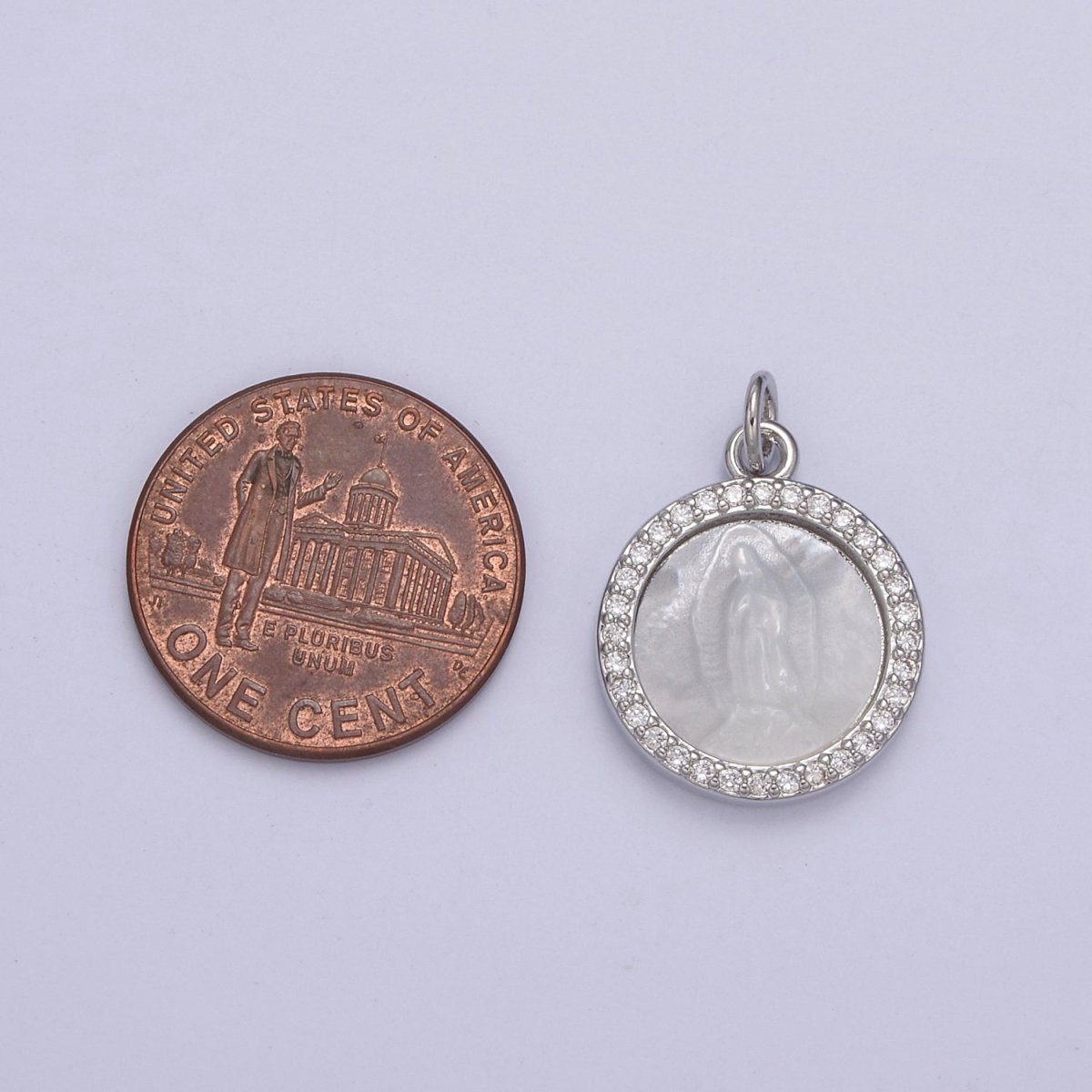 Silver Mother of Pearl Virgin Mary, CZ Micro Pave Charm Pendant, Shell Virgin Mary Round Charm N-859 - DLUXCA