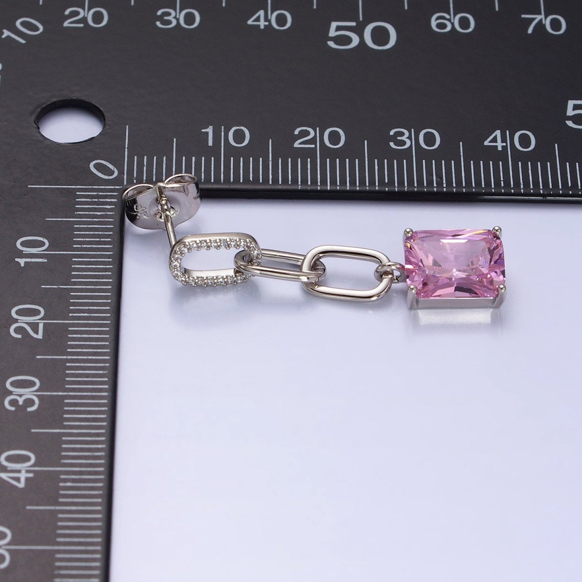 Silver Paper Clip Link Chain Earring Stud with Dangle Pink CZ Stone AB781 - DLUXCA