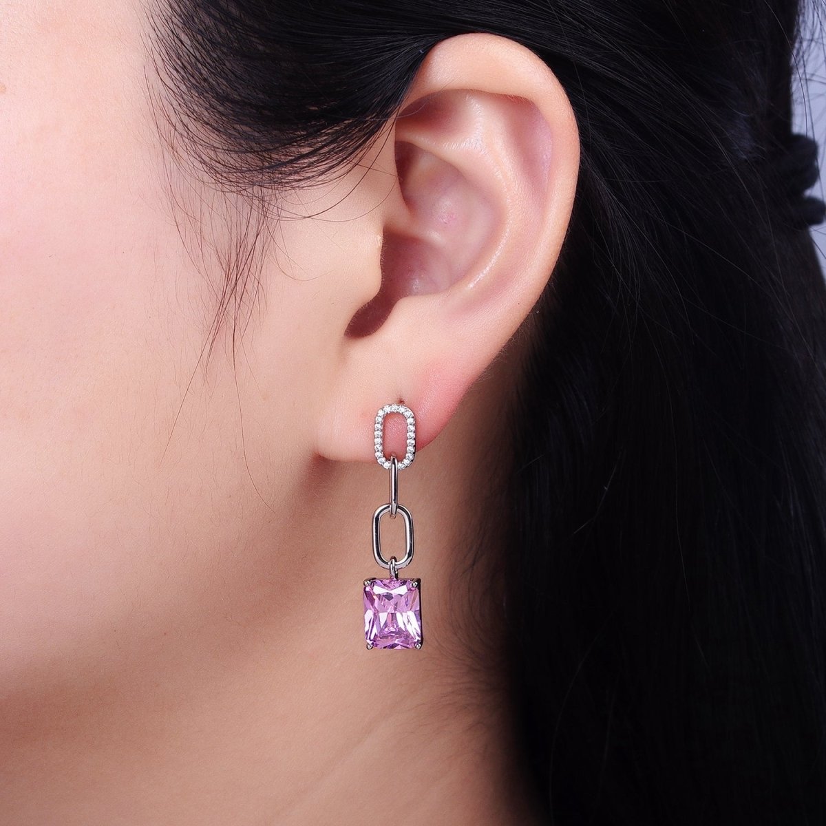 Silver Paper Clip Link Chain Earring Stud with Dangle Pink CZ Stone AB781 - DLUXCA