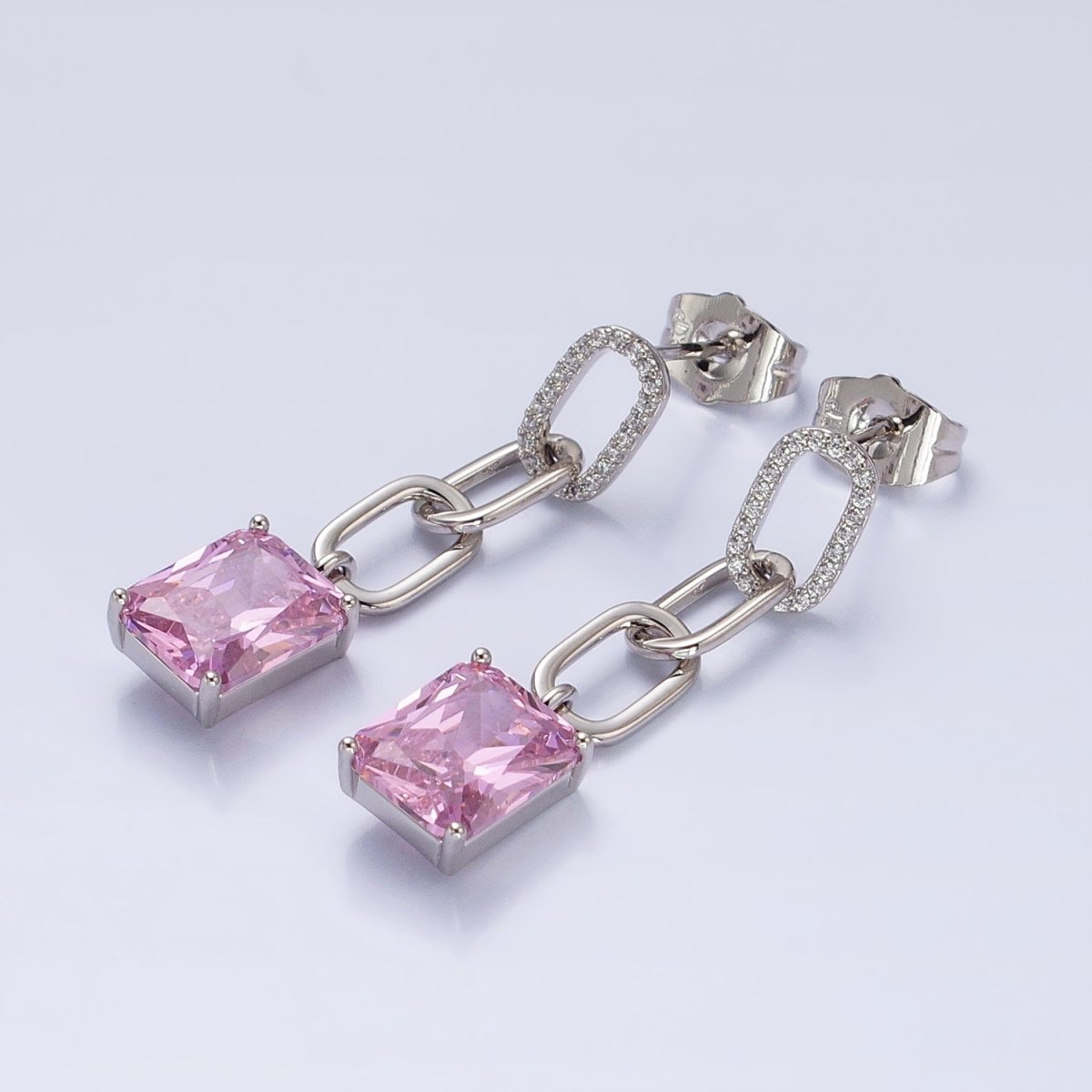 Silver Paper Clip Link Chain Earring Stud with Dangle Pink CZ Stone AB781 - DLUXCA