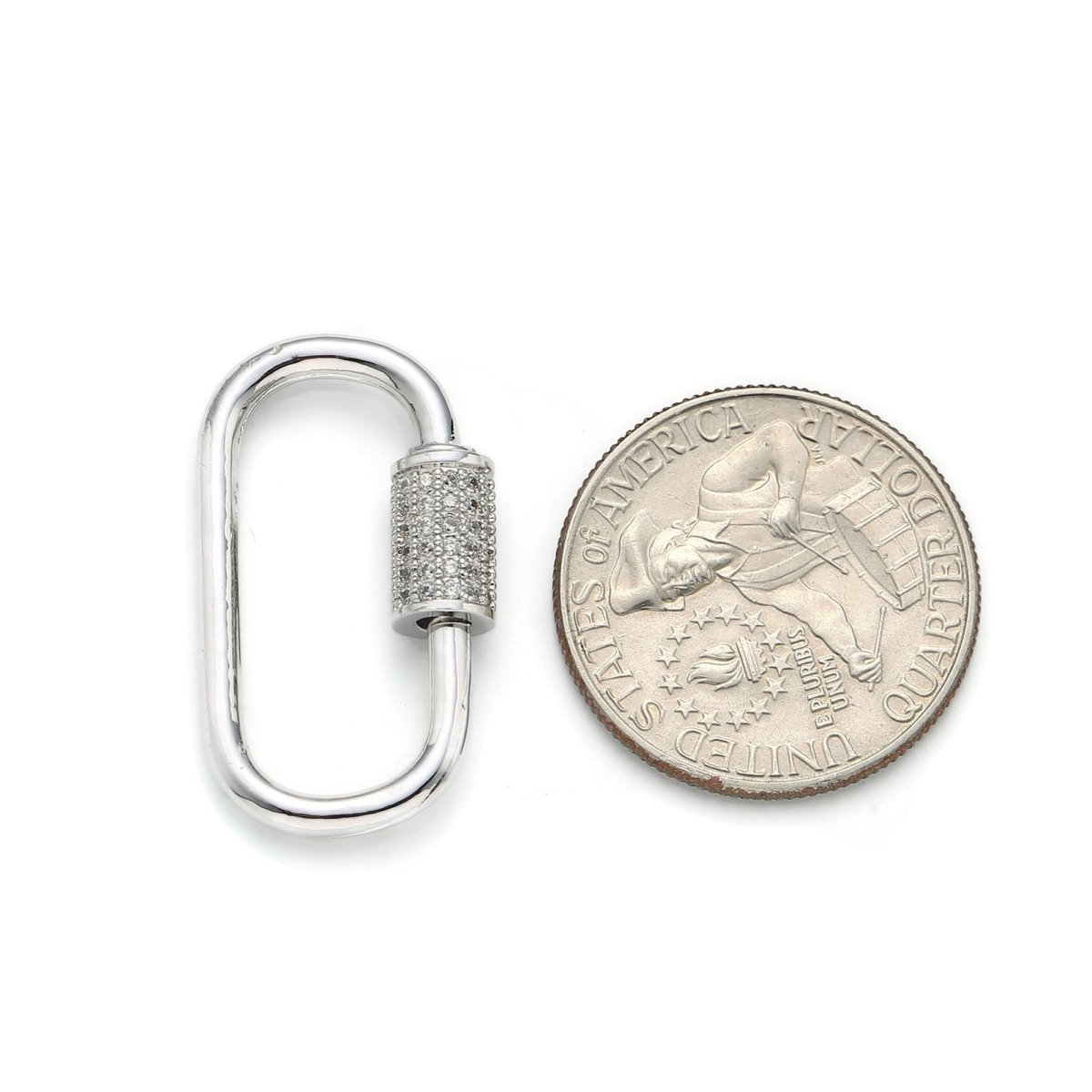 Silver Paperclip Carabiner, Circle Screw Clasp with Pave Cubic Zirconia Rhinestones - DLUXCA