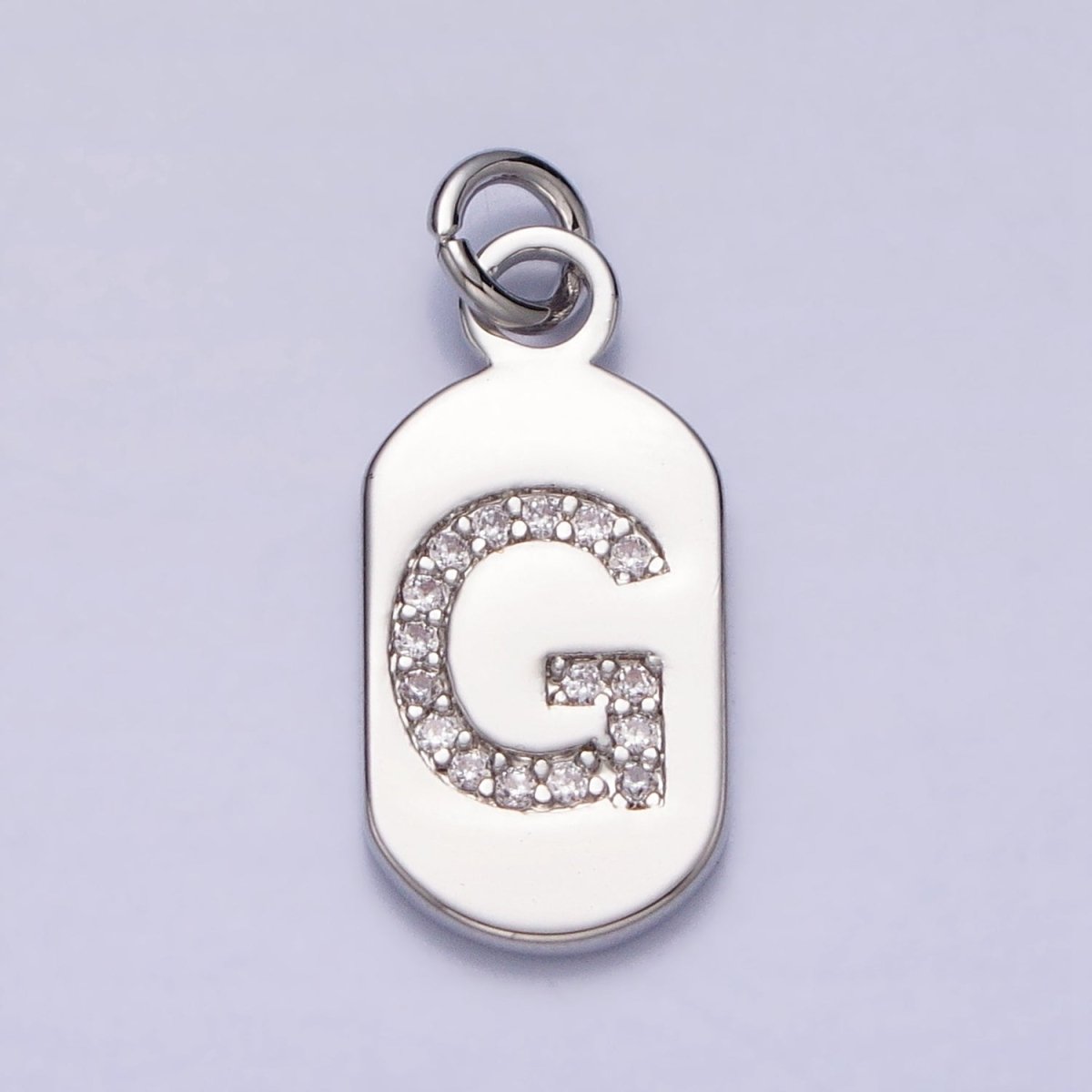 Silver Rectangular Tag CZ Clear Micro Paved Personalized Initial Alphabet Name Tag Charm | AD001-AD026 - DLUXCA