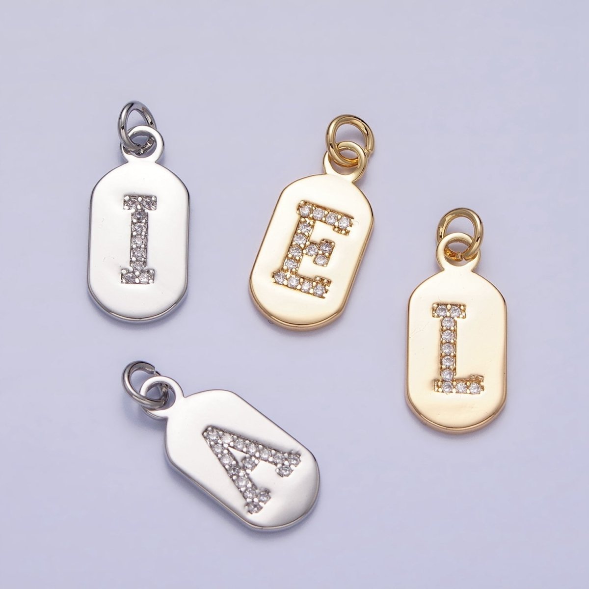 Silver Rectangular Tag CZ Clear Micro Paved Personalized Initial Alphabet Name Tag Charm | AD001-AD026 - DLUXCA