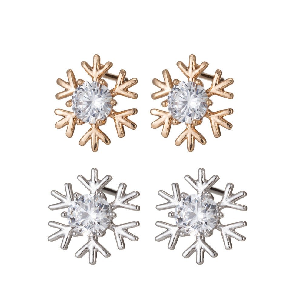 Silver Snowflake Earrings dangle, Gold Snow Earrings, Cubic Stud Earrings, Micro Pave Earrings Snow flake Jewelry Q-081 Q-082 - DLUXCA