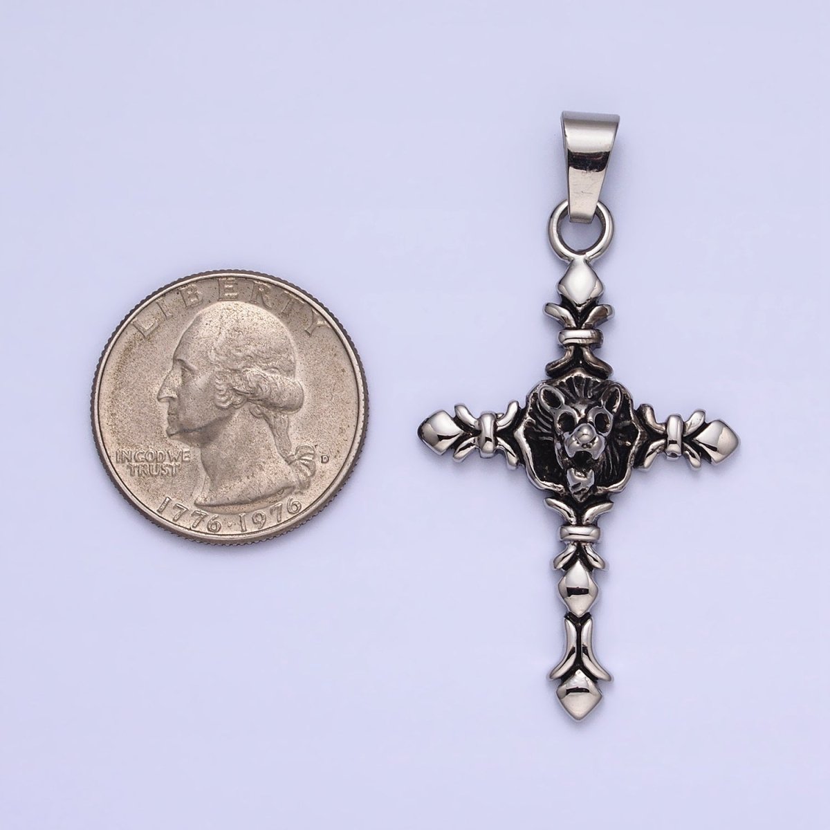 Silver Stainless Steel Religious Elaborate Cross Lion Skull Skeleton Pendant J-740 - DLUXCA