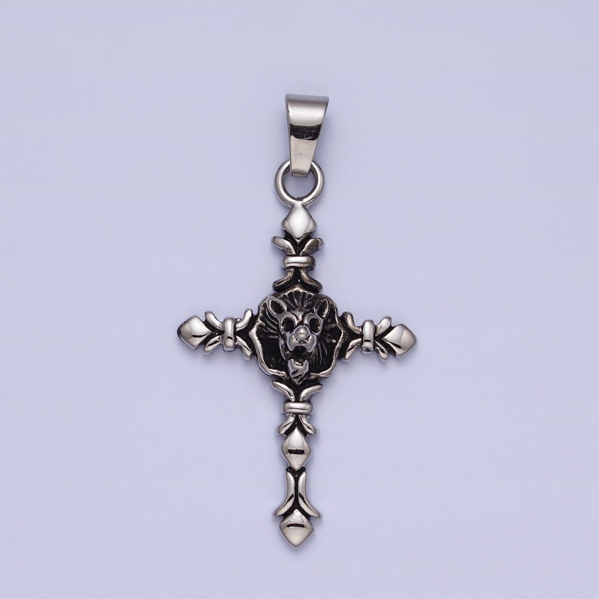 Silver Stainless Steel Religious Elaborate Cross Lion Skull Skeleton Pendant J-740 - DLUXCA