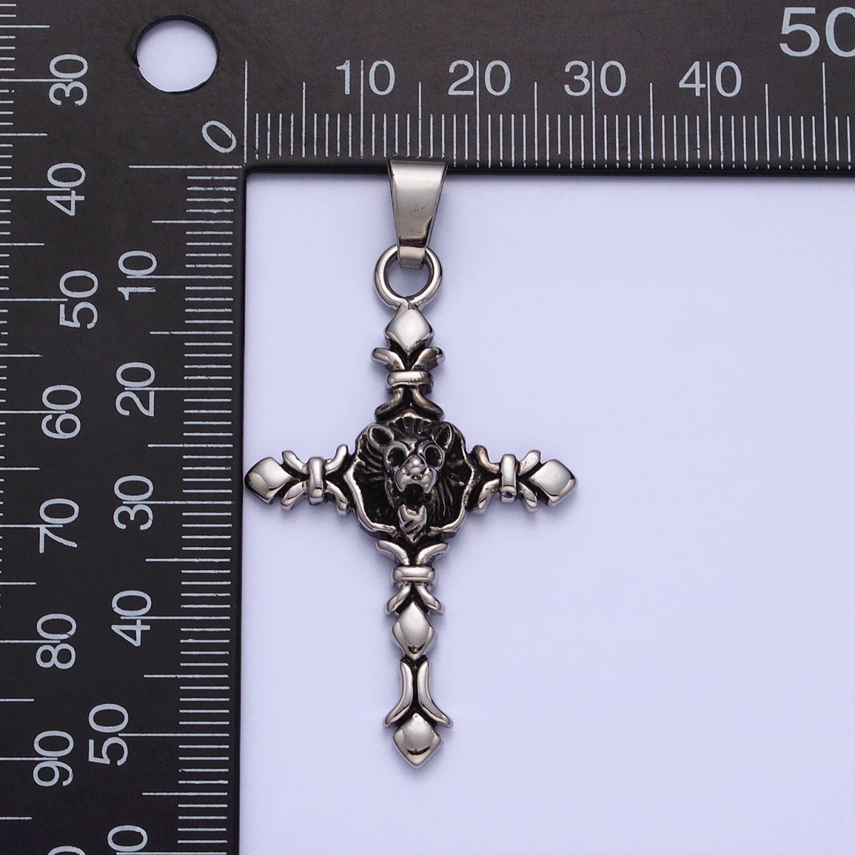 Silver Stainless Steel Religious Elaborate Cross Lion Skull Skeleton Pendant J-740 - DLUXCA