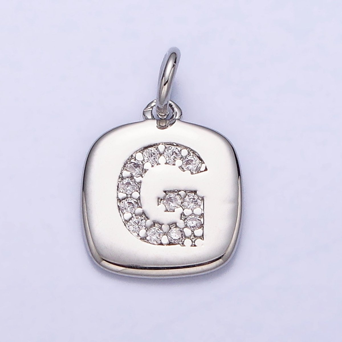 Silver Tag Square CZ Clear Micro Paved Initial Alphabet Dainty Personalized Name Tag Charm | AD097 - AD122 - DLUXCA