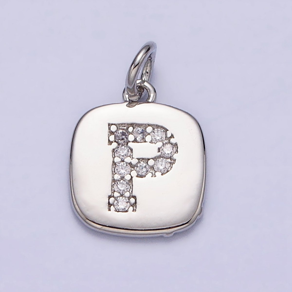 Silver Tag Square CZ Clear Micro Paved Initial Alphabet Dainty Personalized Name Tag Charm | AD097 - AD122 - DLUXCA