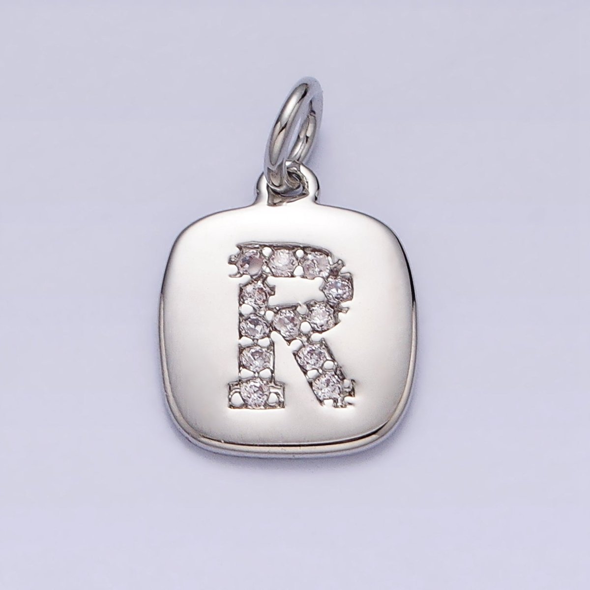 Silver Tag Square CZ Clear Micro Paved Initial Alphabet Dainty Personalized Name Tag Charm | AD097 - AD122 - DLUXCA