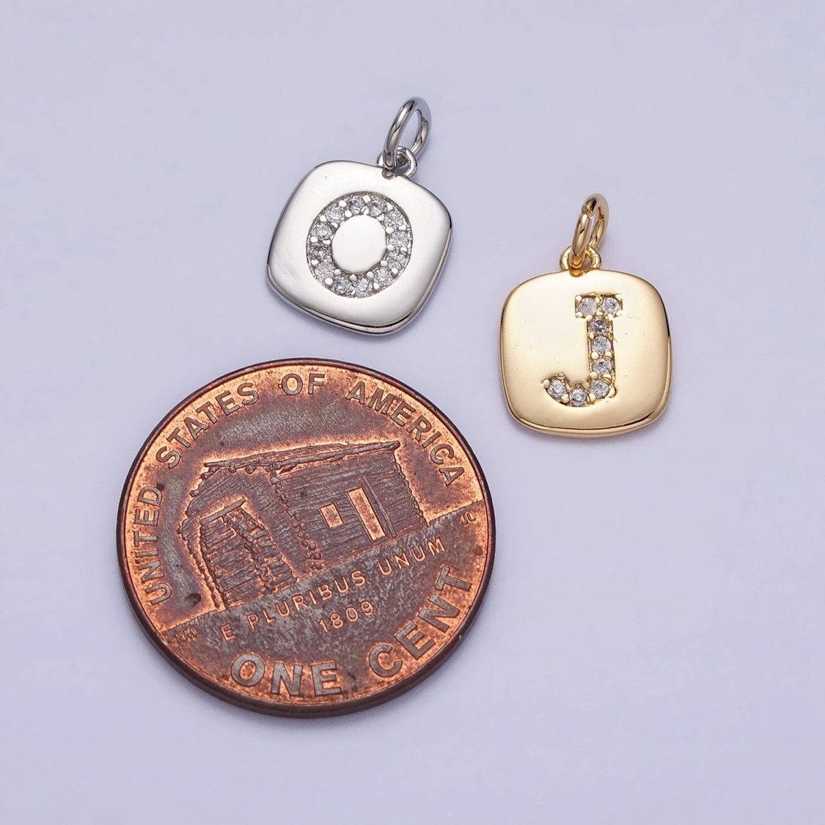 Silver Tag Square CZ Clear Micro Paved Initial Alphabet Dainty Personalized Name Tag Charm | AD097 - AD122 - DLUXCA