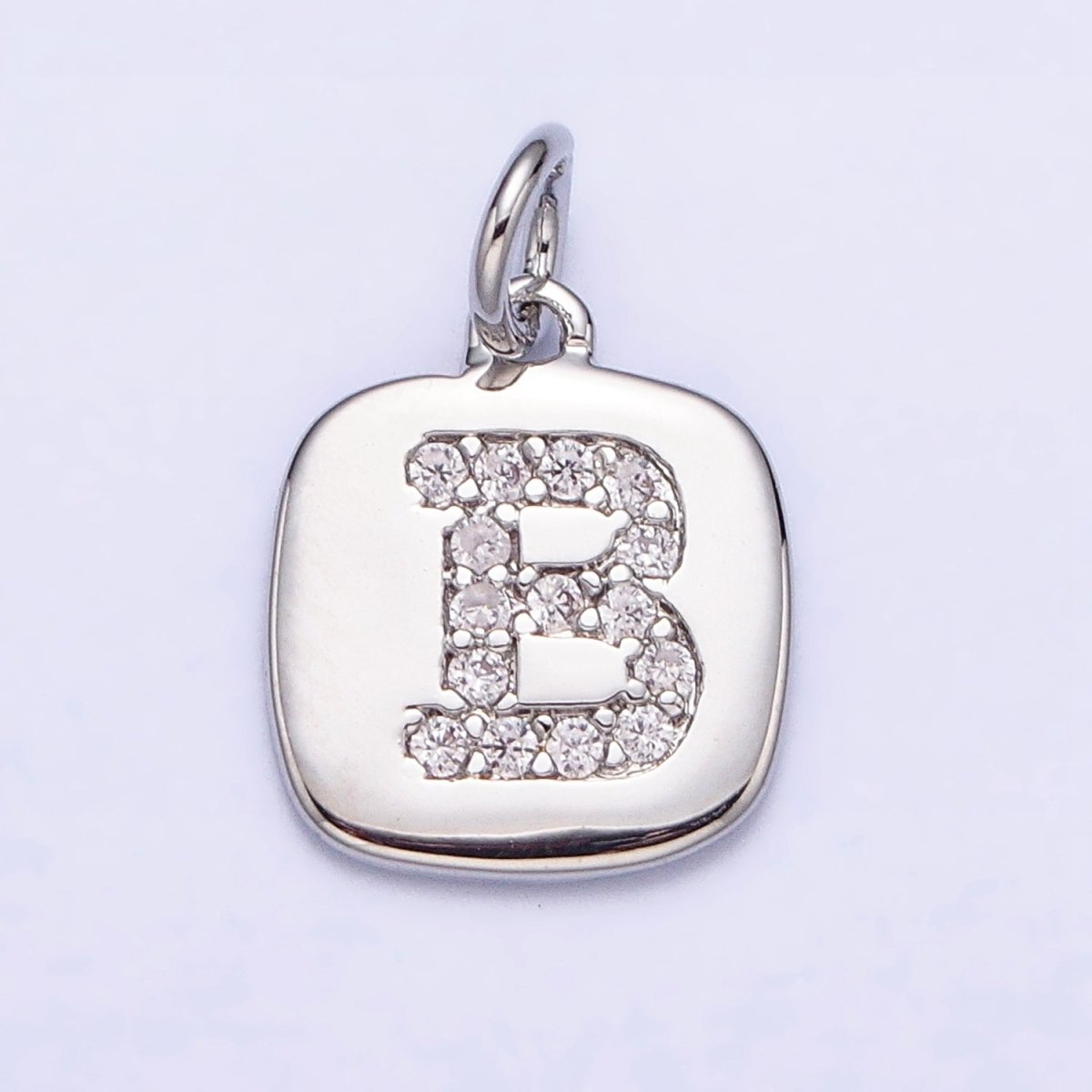 Silver Tag Square CZ Clear Micro Paved Initial Alphabet Dainty Personalized Name Tag Charm | AD097 - AD122 - DLUXCA