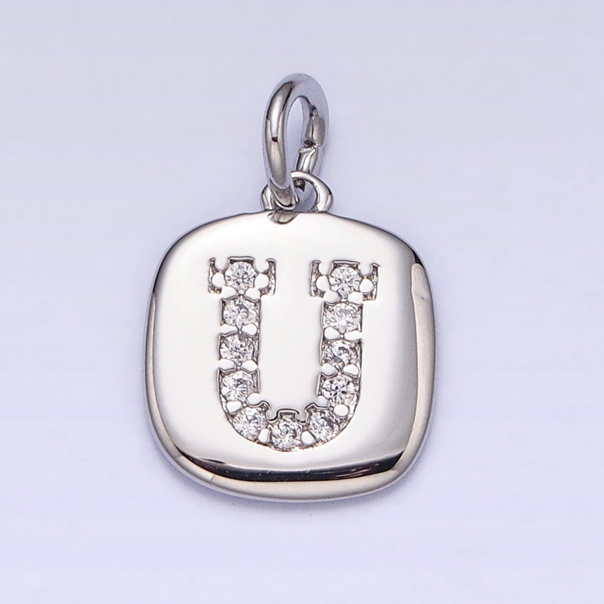 Silver Tag Square CZ Clear Micro Paved Initial Alphabet Dainty Personalized Name Tag Charm | AD097 - AD122 - DLUXCA