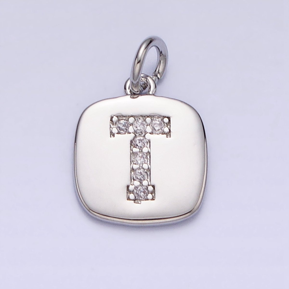 Silver Tag Square CZ Clear Micro Paved Initial Alphabet Dainty Personalized Name Tag Charm | AD097 - AD122 - DLUXCA