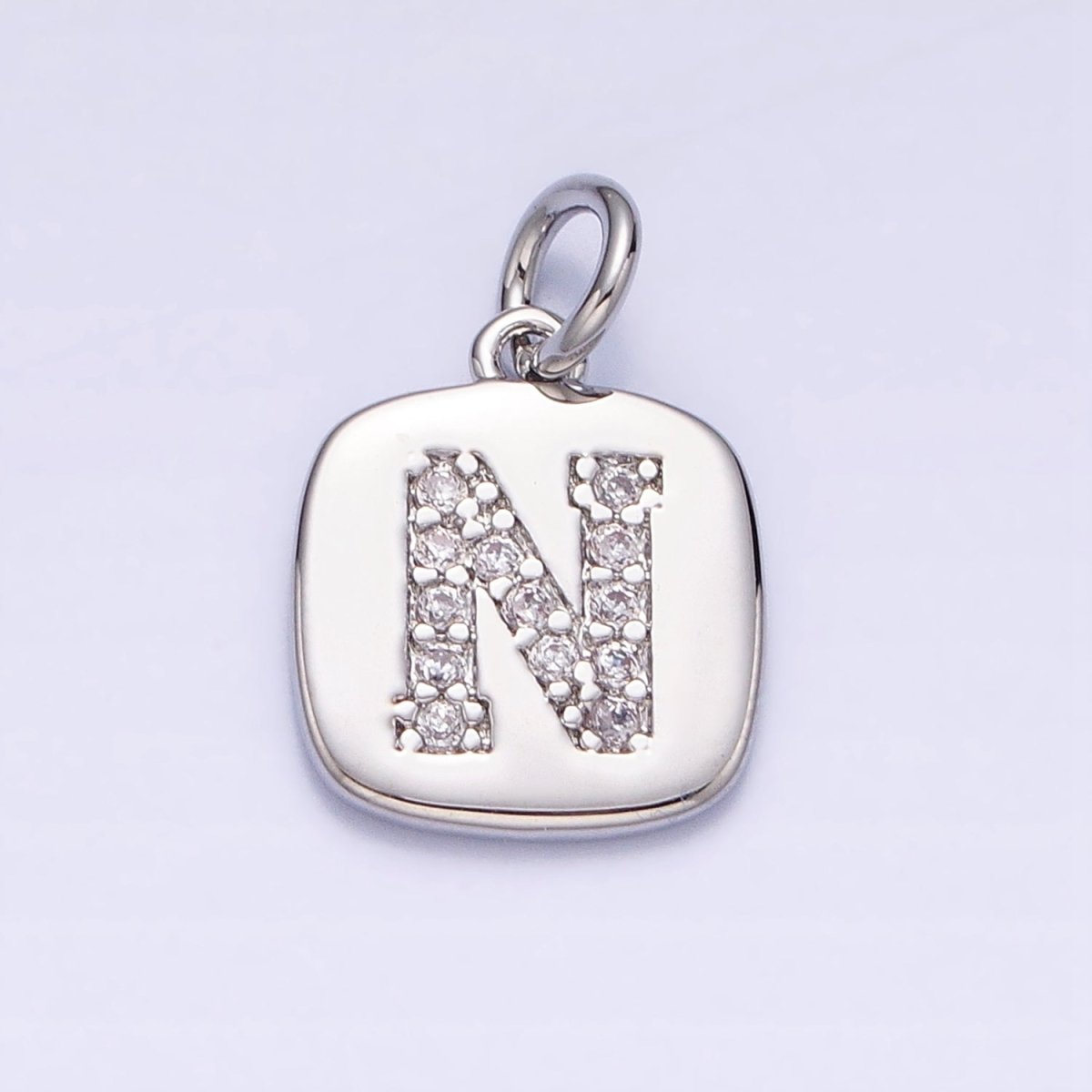 Silver Tag Square CZ Clear Micro Paved Initial Alphabet Dainty Personalized Name Tag Charm | AD097 - AD122 - DLUXCA