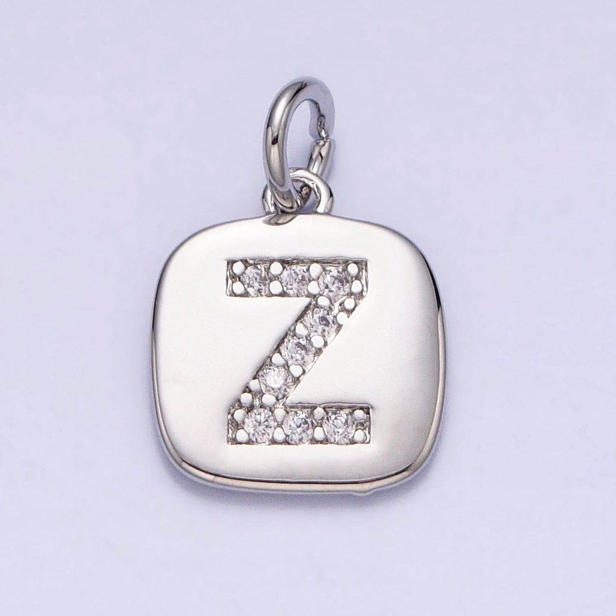 Silver Tag Square CZ Clear Micro Paved Initial Alphabet Dainty Personalized Name Tag Charm | AD097 - AD122 - DLUXCA