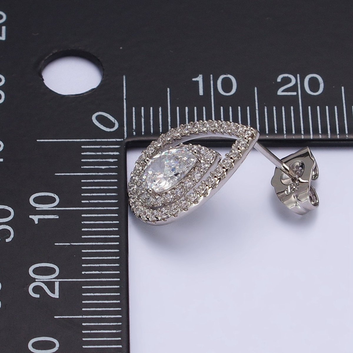 Silver Tear Drop Earring Stud with Cubic Zirconia Stone Micro Pave Pear CZ Stone AB1032 - DLUXCA