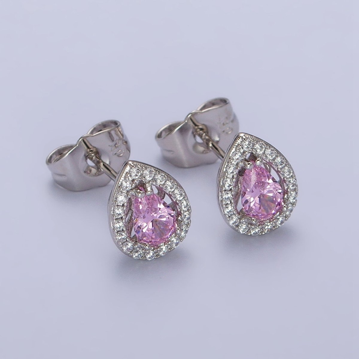 Silver Tear Drop Earring Stud with Pink Cubic Zirconia Stone Micro Pave Pear CZ Stone AB1035 - DLUXCA