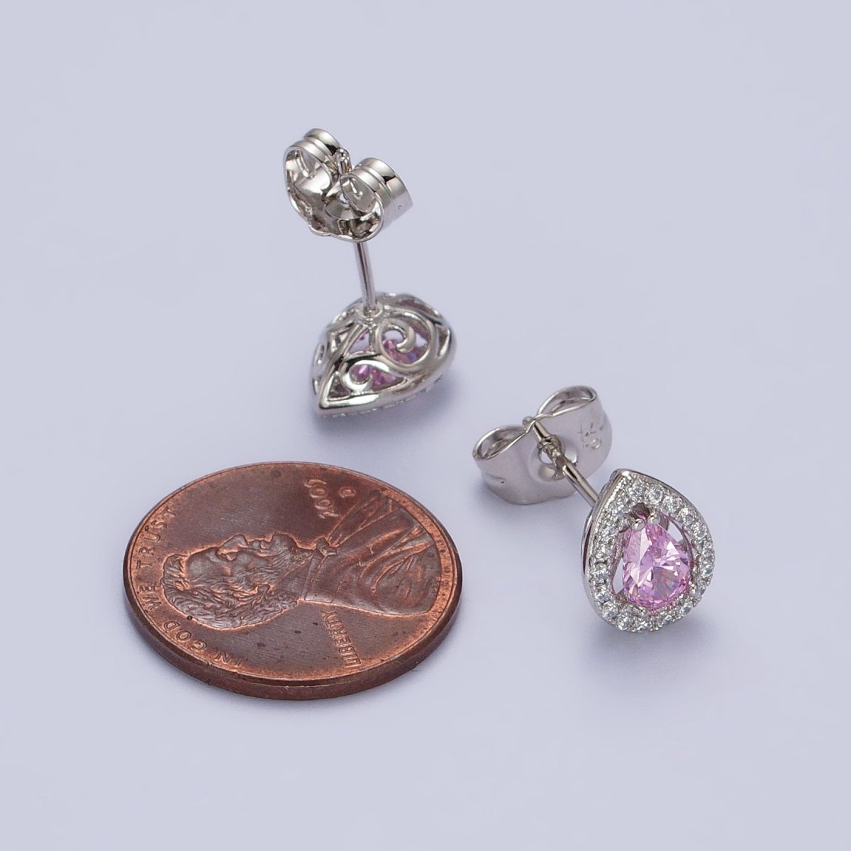 Silver Tear Drop Earring Stud with Pink Cubic Zirconia Stone Micro Pave Pear CZ Stone AB1035 - DLUXCA