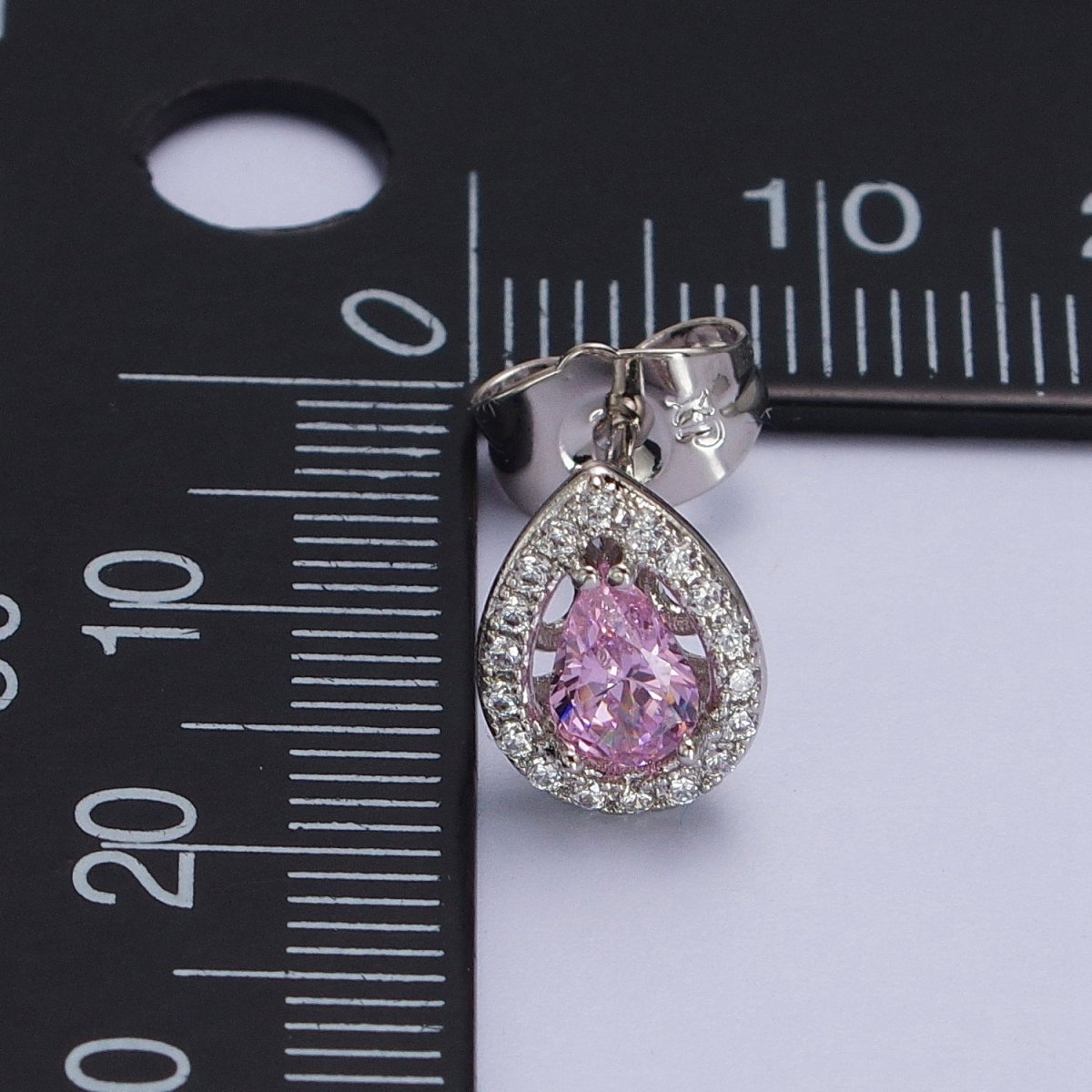 Silver Tear Drop Earring Stud with Pink Cubic Zirconia Stone Micro Pave Pear CZ Stone AB1035 - DLUXCA