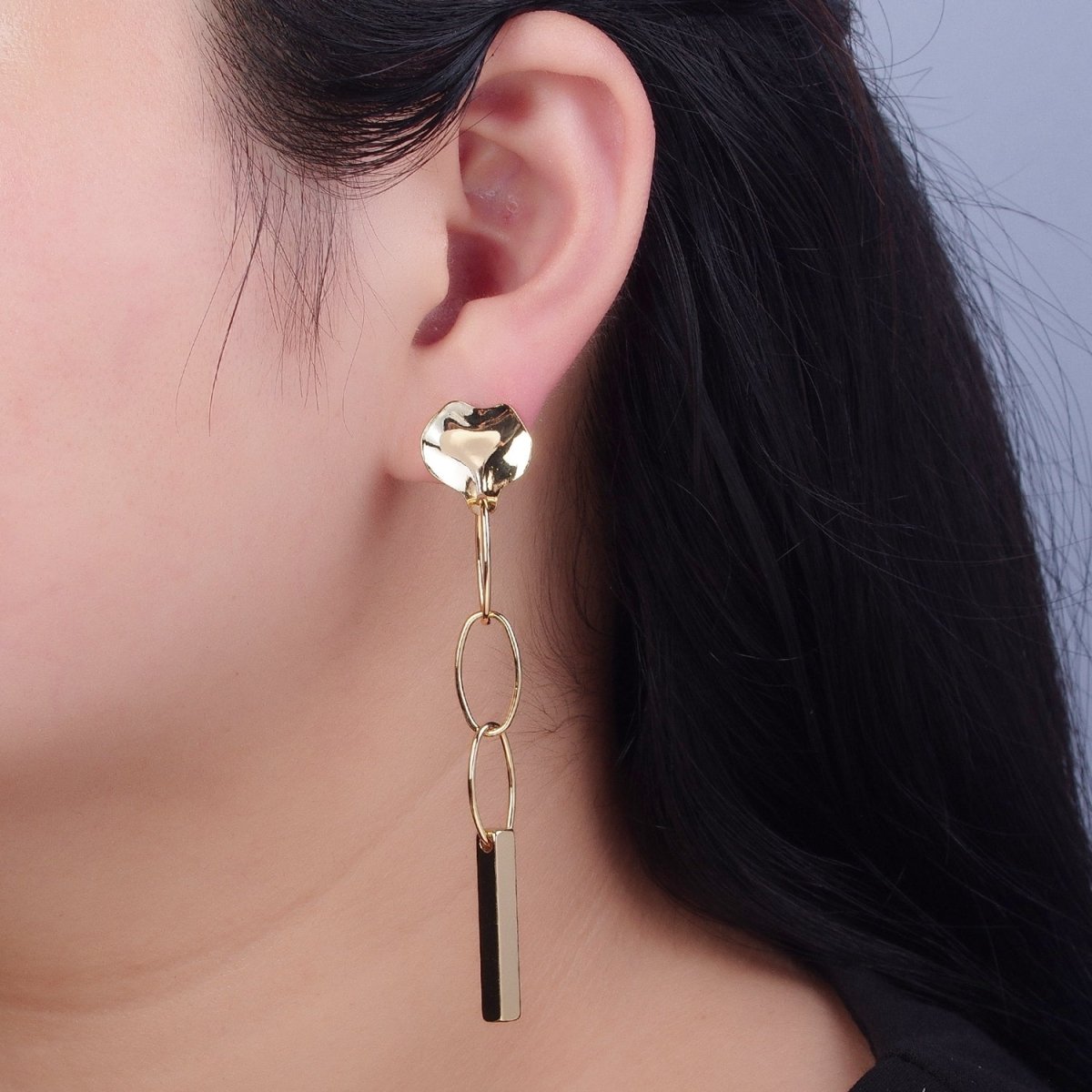 Simple Bar Drop Earrings Dainty Earrings Long Dangle Stick Earrings in Gold Oval Link Chain Earrings Everyday Earrings V-395 - DLUXCA