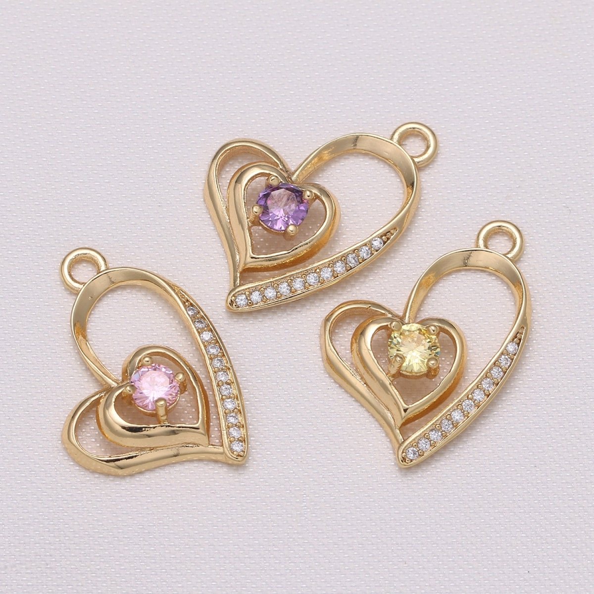 Single Crystal Stone on Double Golden Hearts Charm CZ Gold Plated Loving Heart Beat Micro Pave Charm Pendant GP-841 GP-842 GP-843 - DLUXCA