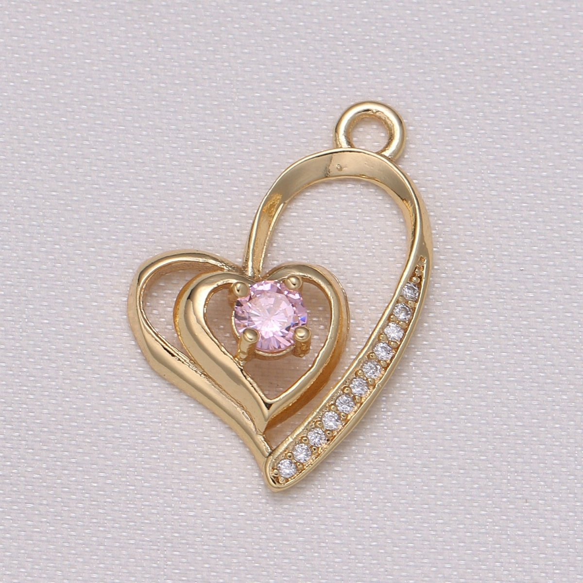 Single Crystal Stone on Double Golden Hearts Charm CZ Gold Plated Loving Heart Beat Micro Pave Charm Pendant GP-841 GP-842 GP-843 - DLUXCA