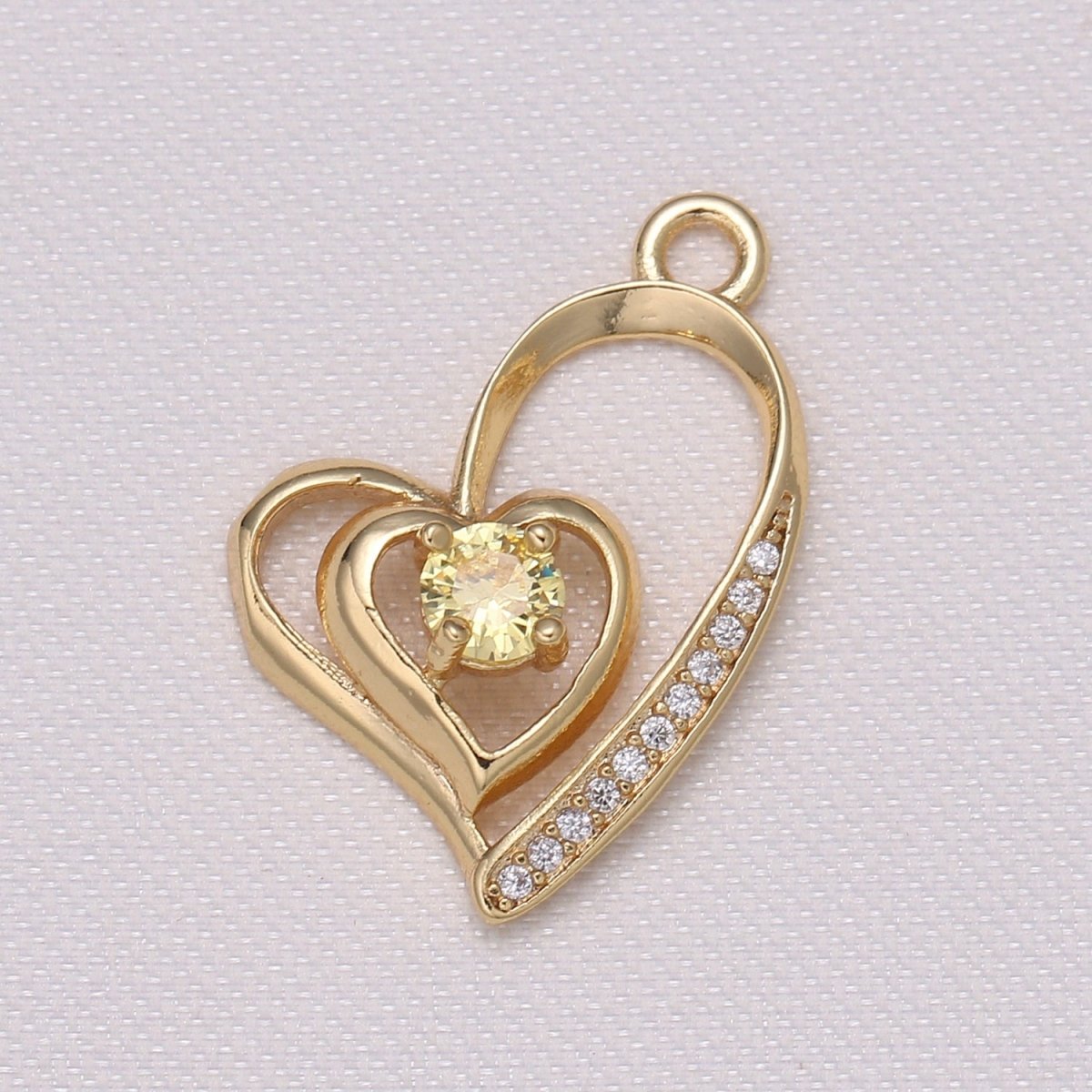 Single Crystal Stone on Double Golden Hearts Charm CZ Gold Plated Loving Heart Beat Micro Pave Charm Pendant GP-841 GP-842 GP-843 - DLUXCA