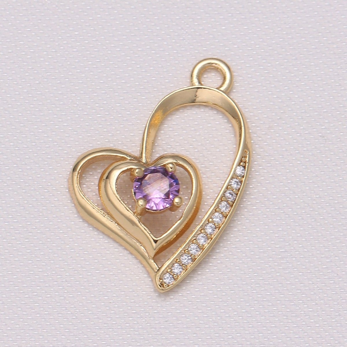 Single Crystal Stone on Double Golden Hearts Charm CZ Gold Plated Loving Heart Beat Micro Pave Charm Pendant GP-841 GP-842 GP-843 - DLUXCA