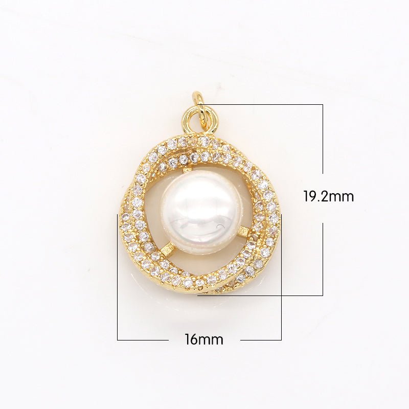 Single Faux Pearl in Golden Round Twist CZ Gold Plated Geometric Micro Pave Twist Charm Pendant GP-748 - DLUXCA