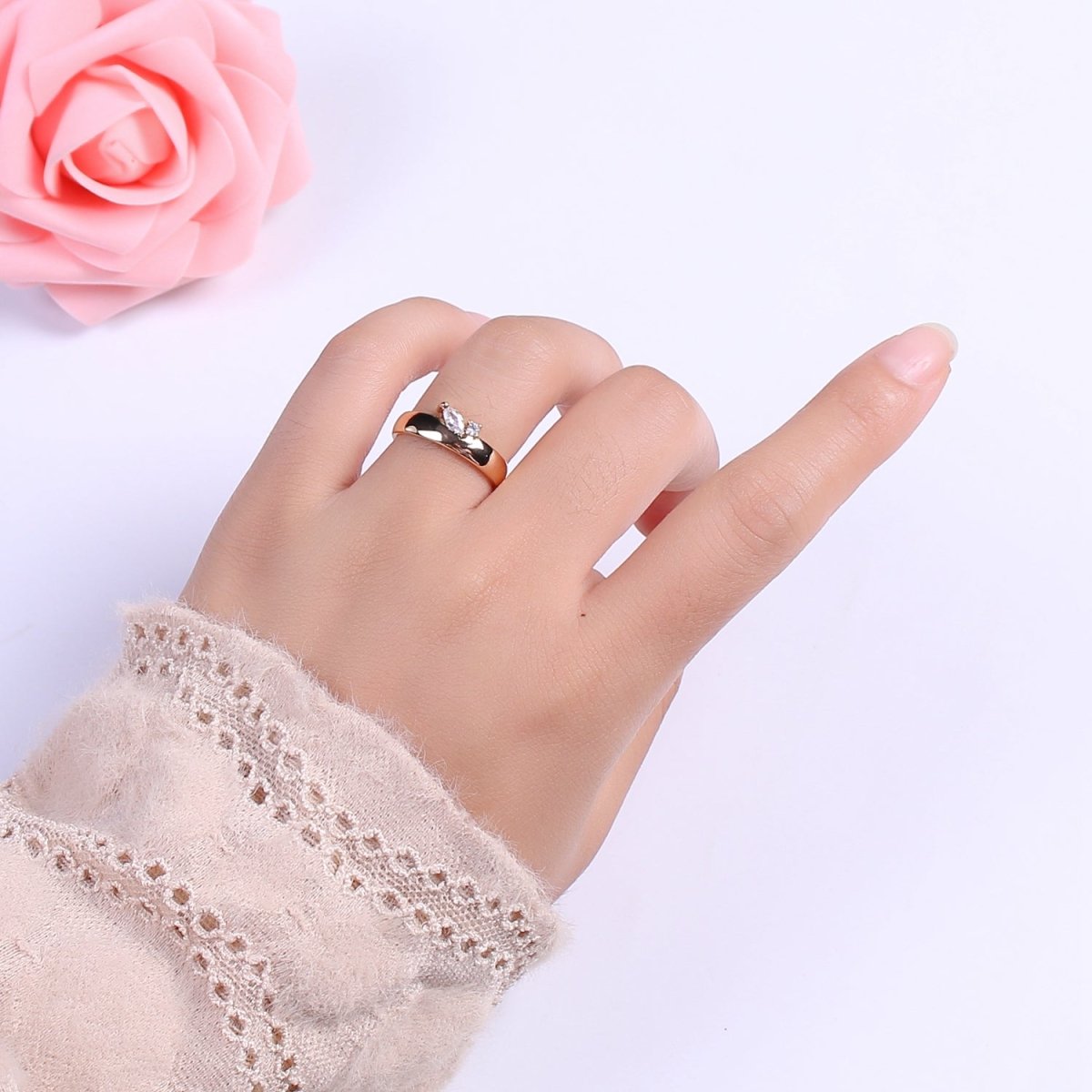 Single Marquise Ring, Cz Ring Stacking Rings Open Adjustable Birthday Gift for Her, Anniversary Gift, Crown Gold Ring S-305 - DLUXCA