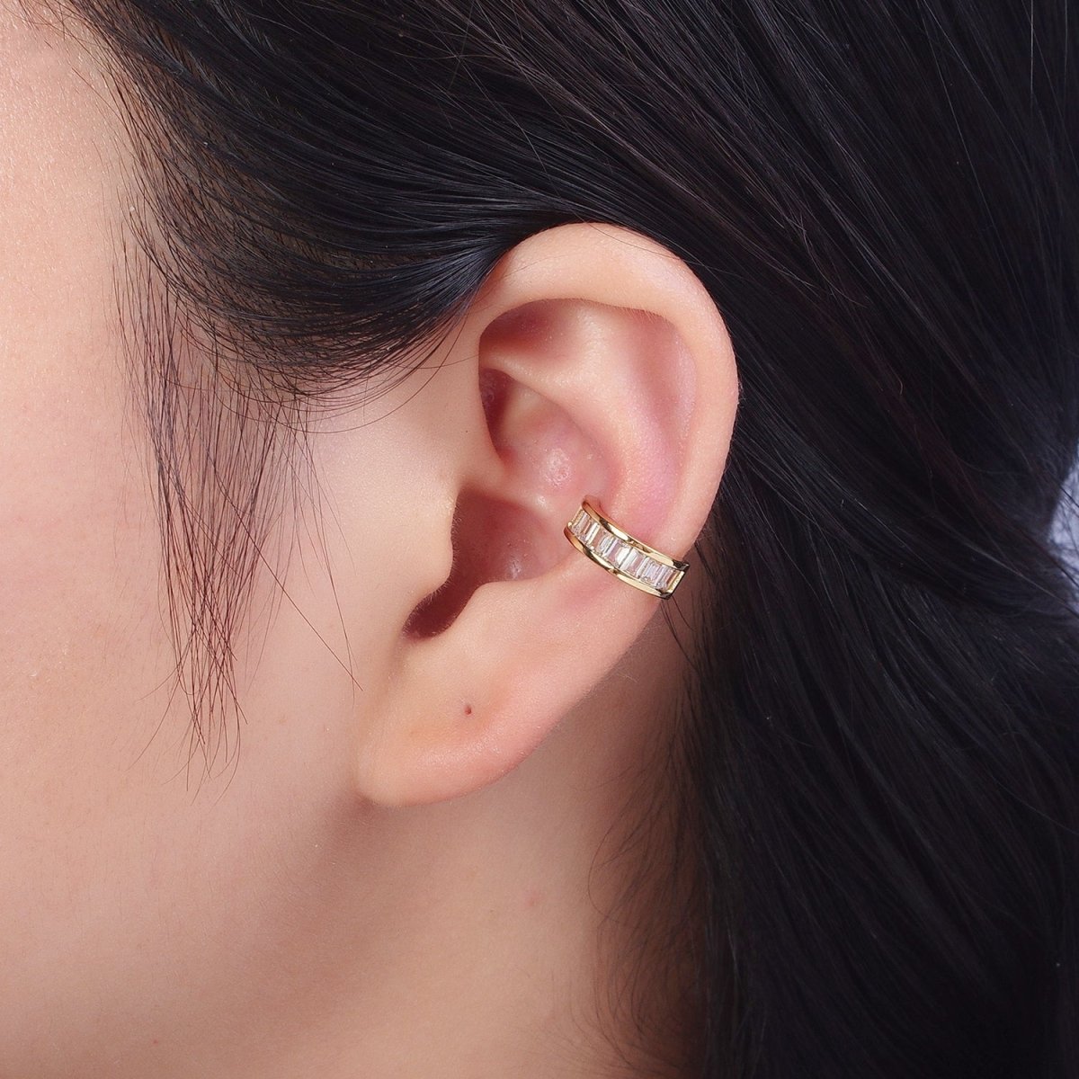 Small Gold Baguette Earcuff Clear Diamond CZ Earrings No Pierce Earring Dainty Earrings AI-088 - DLUXCA