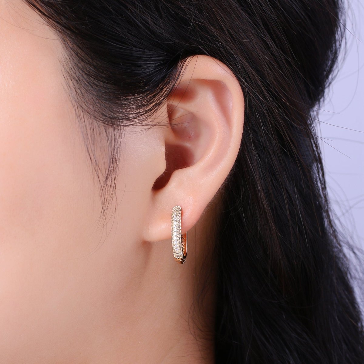 Small Oblong CZ Hoop Earrings Hypoallergenic 18K Gold Filled Huggie Hoop Earrings for Women | T-201 - DLUXCA