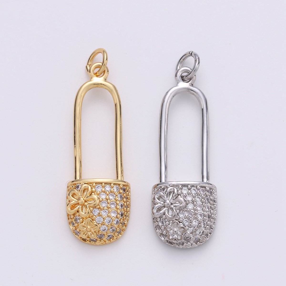 Small Safety Pin CZ Cubic Zirconia Charm - 18k gold plated over Brass Tiny Gold Pin Micro Pave Charm Pendant Mini Charm for bracelet Earring, D-051 D-052 - DLUXCA