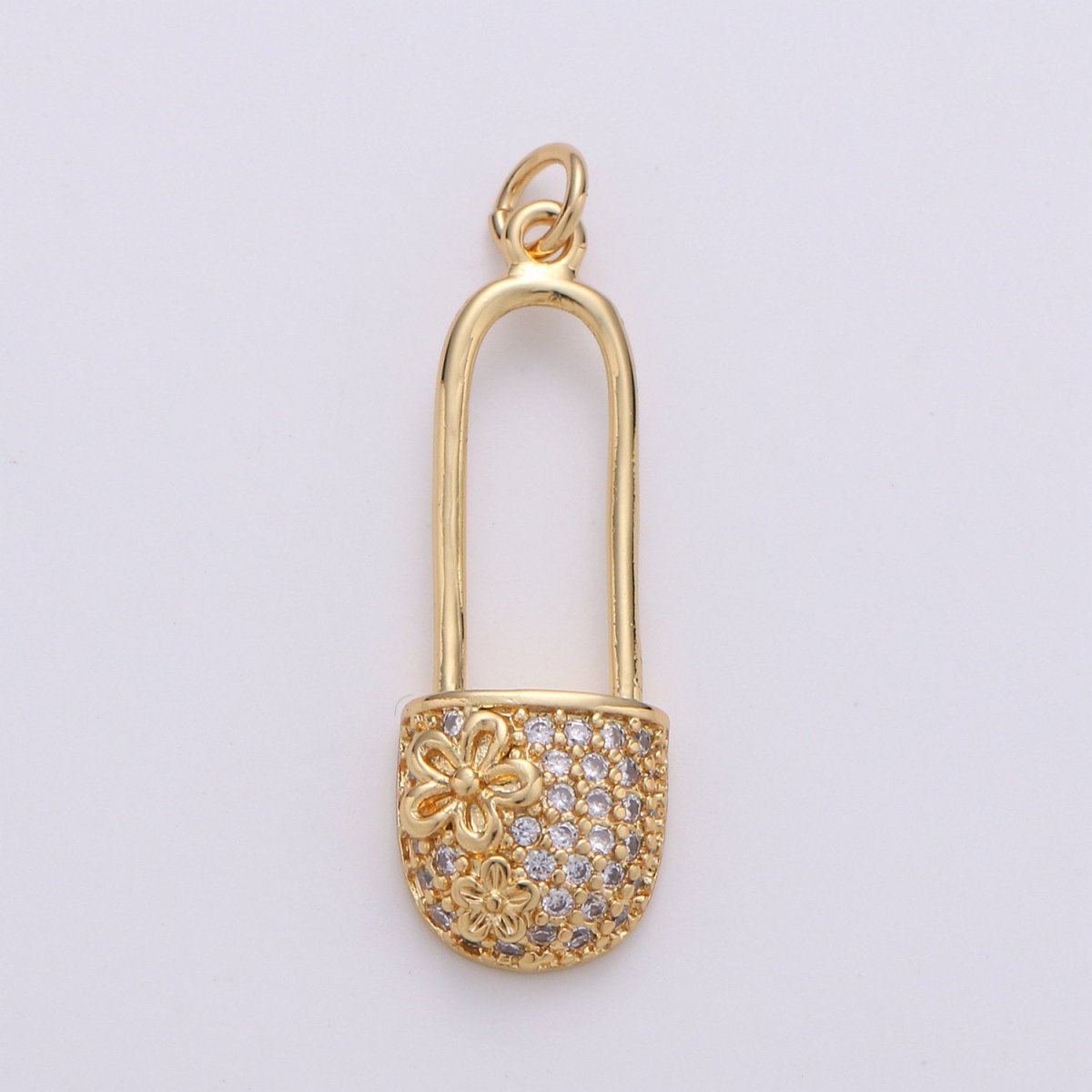 Small Safety Pin CZ Cubic Zirconia Charm - 18k gold plated over Brass Tiny Gold Pin Micro Pave Charm Pendant Mini Charm for bracelet Earring, D-051 D-052 - DLUXCA