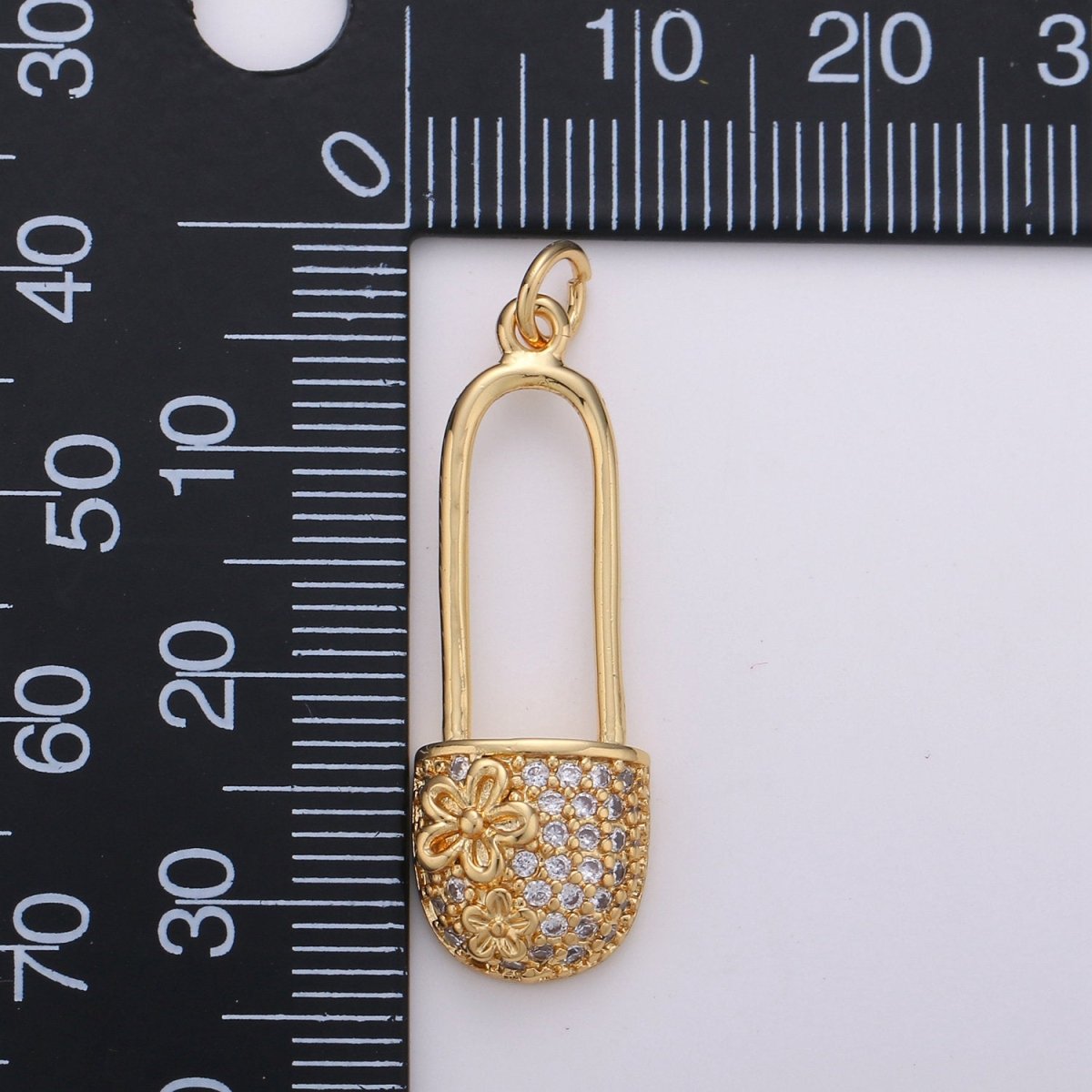 Small Safety Pin CZ Cubic Zirconia Charm - 18k gold plated over Brass Tiny Gold Pin Micro Pave Charm Pendant Mini Charm for bracelet Earring, D-051 D-052 - DLUXCA