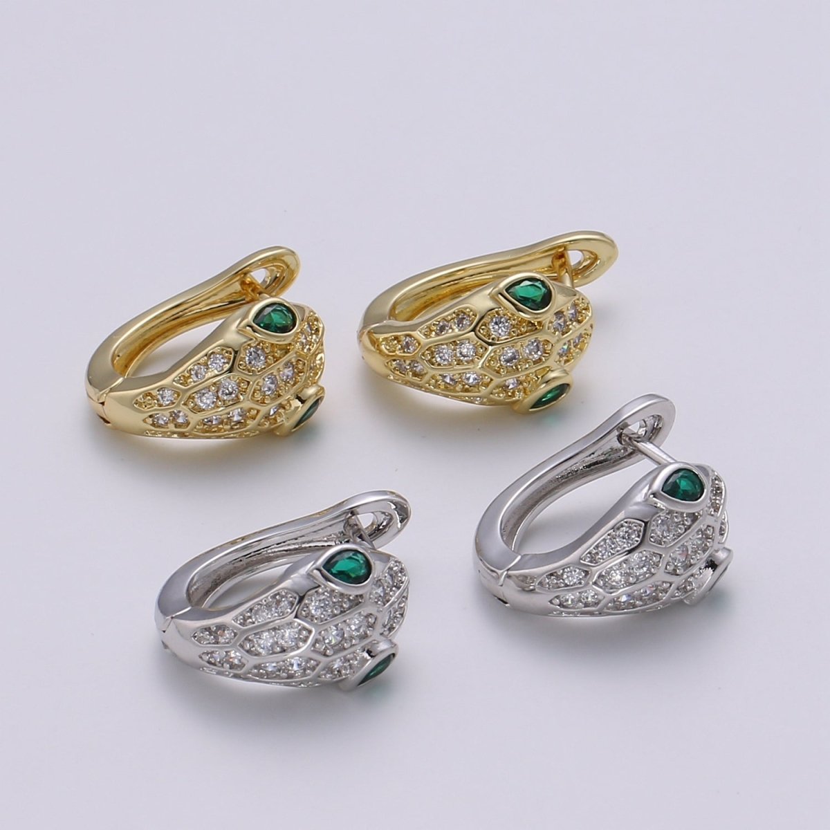 SNAKE Head Emerald Green Zirconia Eye hoops-Snake CZ Pave Cluster earrings -24K Huggie or White Gold hoops Q-362 Q-363 - DLUXCA