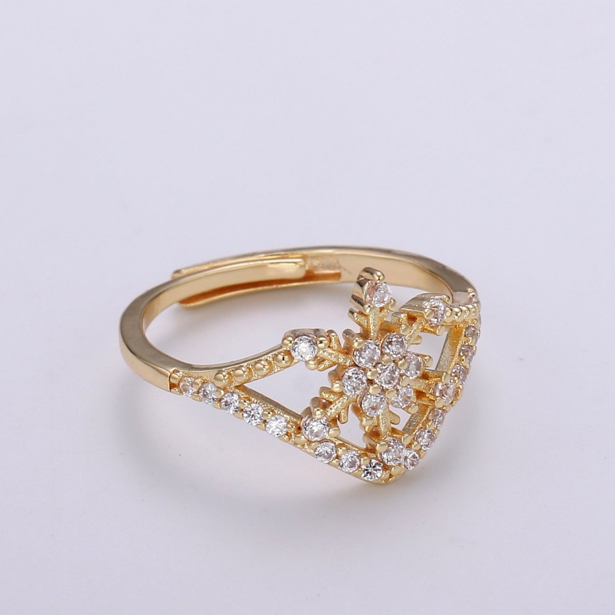 Snowflake Cubic Mini Pendant, Winter Cubic Pave 18K Gold Filled Open Adjustable Ring - DLUXCA