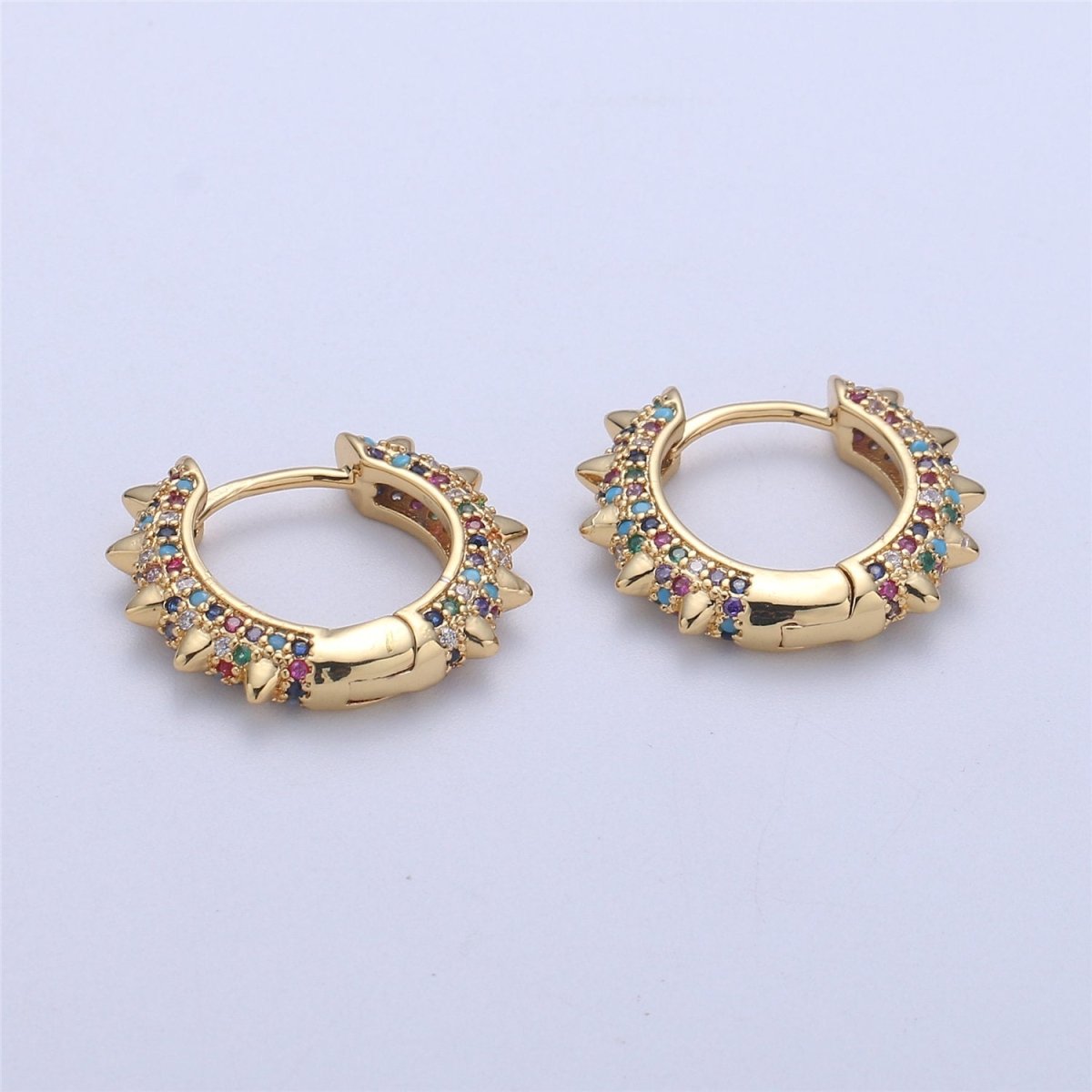 Spike earrings Micro Pave Spike hoops Gold spike earrings Multi Color CZ Gold hoops Dainty Earring for everyday earring 20mm K-331 - DLUXCA