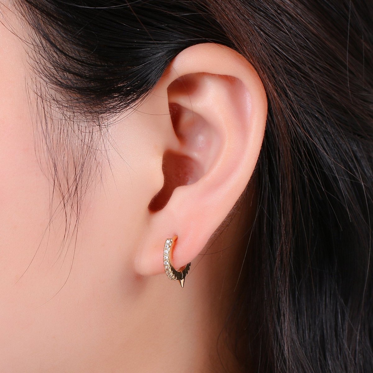 Spike Gold hoop earrings - huggie hoops earrings - Dainty hoops Earring - Tiny hoops Thin hoops Minimalist Jewelry Micro Pave Earring K-643 K-644 - DLUXCA