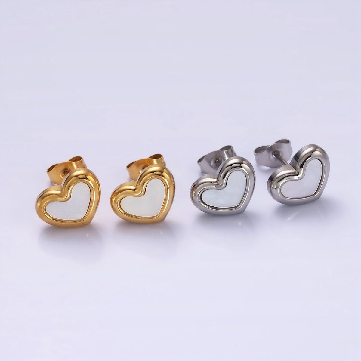Stainless Steel 10mm Shell Pearl Heart Bezel Stud Earrings in Gold & Silver | AB1123 AB1124 - DLUXCA