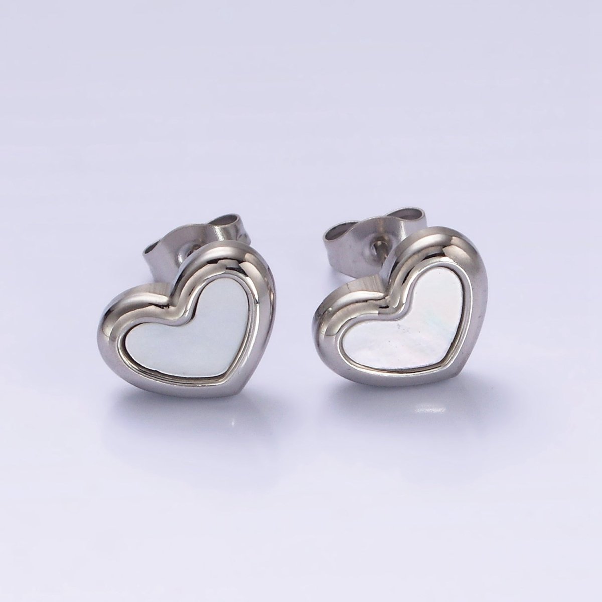 Stainless Steel 10mm Shell Pearl Heart Bezel Stud Earrings in Gold & Silver | AB1123 AB1124 - DLUXCA
