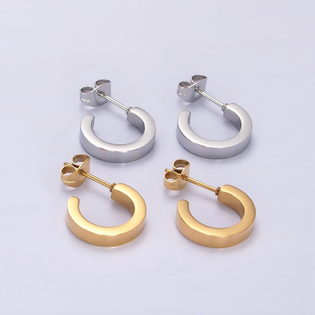 Stainless Steel 13.5mm Flat Minimalist C-Shaped Cartilage Hoop Earrings in Gold & Silver | V191 V192 - DLUXCA