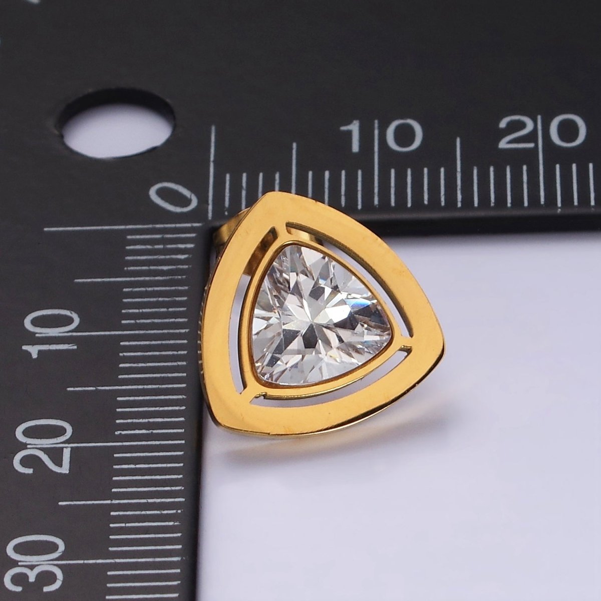 Stainless Steel 14mm Clear CZ Triangle Bezel Stud Earrings in Gold & Silver | AB1119 AB1120 - DLUXCA