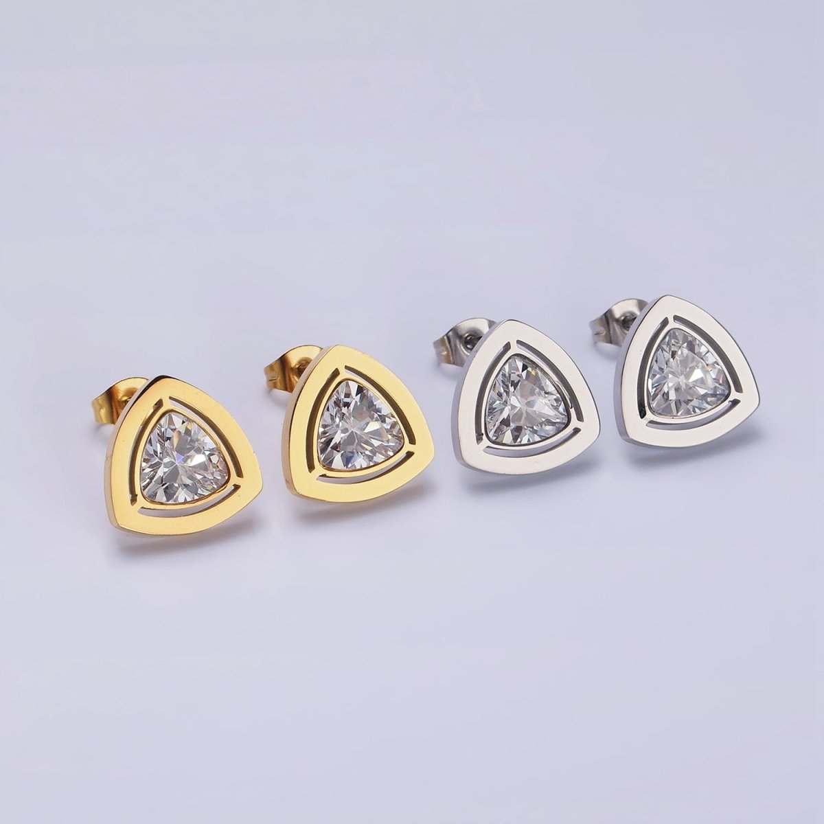 Stainless Steel 14mm Clear CZ Triangle Bezel Stud Earrings in Gold & Silver | AB1119 AB1120 - DLUXCA